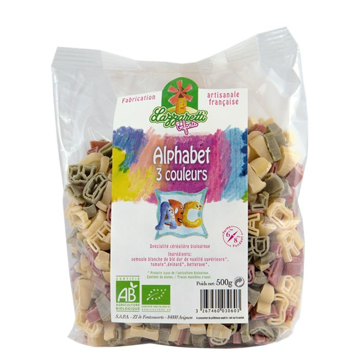 Pates alphabet 3 couleurs bio* 500 g Pates alphabet 3 couleurs bio* 500 g