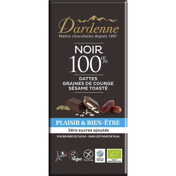 Reep 100% donkere chocoladereep met dadels, pompoenpitten , sesam bio* 90 g Reep 100% donkere chocoladereep met dadels, pompoenpitten , sesam bio* 90 g