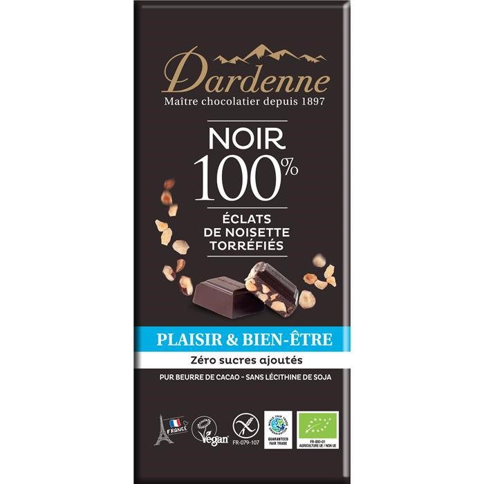 Reep 100% pure chocolade met biologische hazelnootvlokken* 90 g Reep 100% pure chocolade met biologische hazelnootvlokken* 90 g