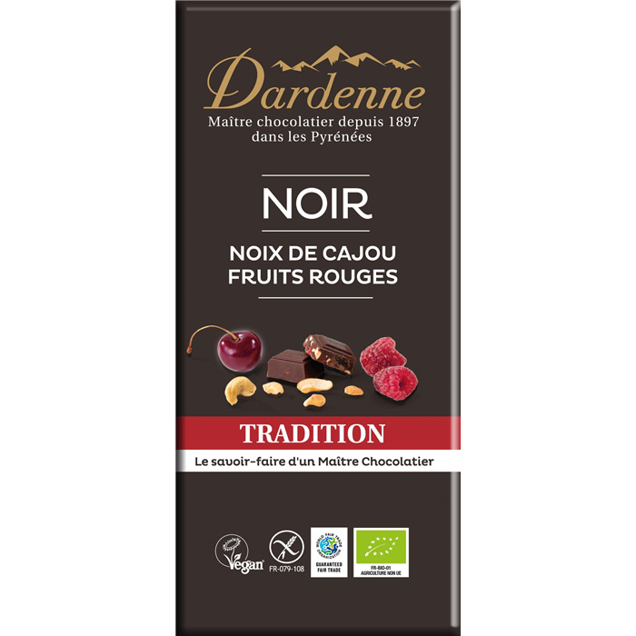 Reep 71% pure chocolade met cashewnoten en rode vruchten* 100 g Reep 71% pure chocolade met cashewnoten en rode vruchten* 100 g