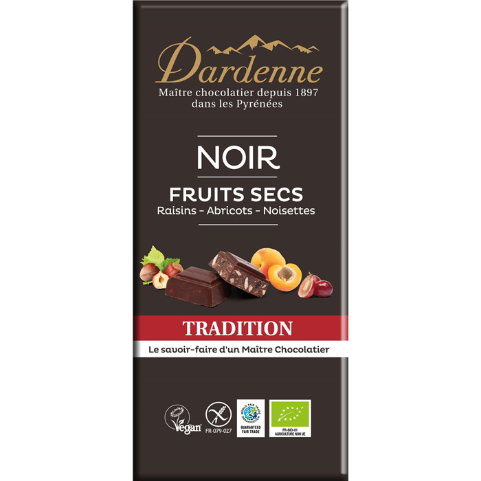 Reep pure chocolade 62% met gedroogde vruchten bio* 120 g Reep pure chocolade 62% met gedroogde vruchten bio* 120 g