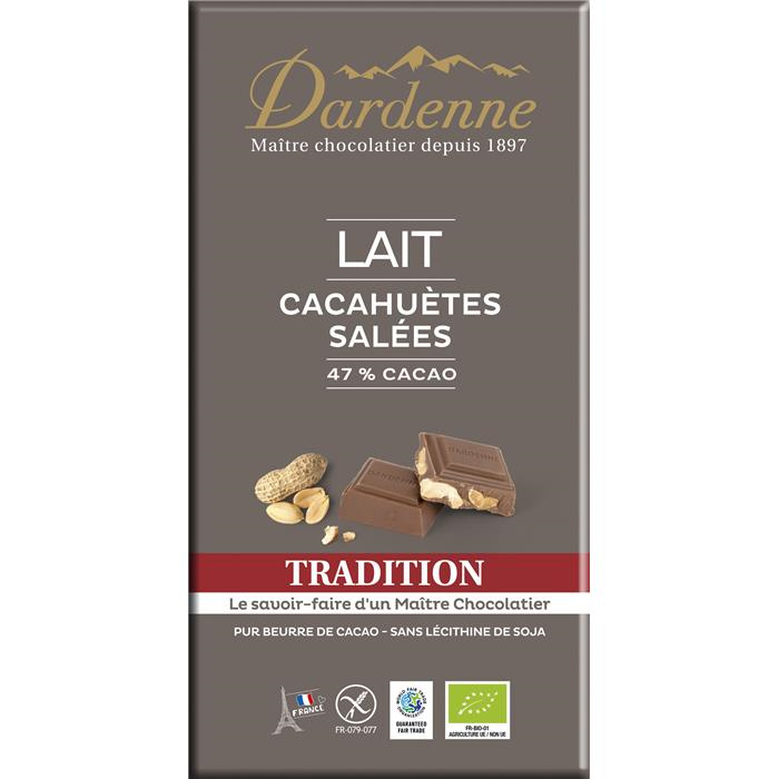 Tab. choc. lait cacahuètes grillées salées bio* 180 g Tab. choc. lait cacahuètes grillées salées bio* 180 g