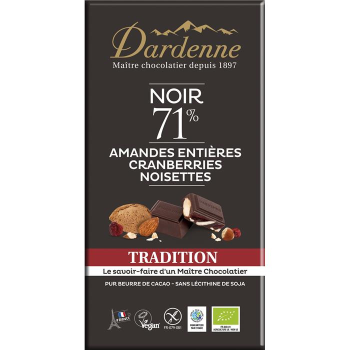 Tab. choc. noir 71% amandes, cranb., noisettes bio* 180 g