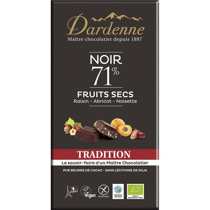 Tab. choc. noir 71% fruits secs bio* 180 g Tab. choc. noir 71% fruits secs bio* 180 g