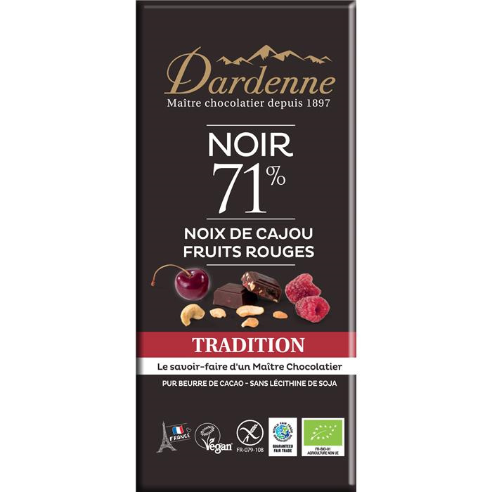 Tab. chocolat noir 71% noix de cajou fruits rouges bio* 100 g Tab. chocolat noir 71% noix de cajou fruits rouges bio* 100 g