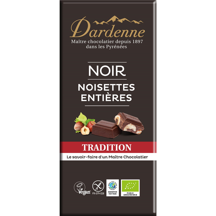 Tab. chocolat noir aux noisettes entières bio* 120 g Tab. chocolat noir aux noisettes entières bio* 120 g