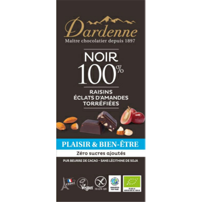 Tab. Noir 100%-Eclats d’amandes et raisins secs 15 x 100 g
