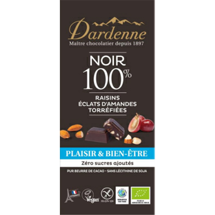 Tab. Noir 100%-Eclats d’amandes et raisins secs bio* 90 g Tab. Noir 100%-Eclats d’amandes et raisins secs bio* 90 g